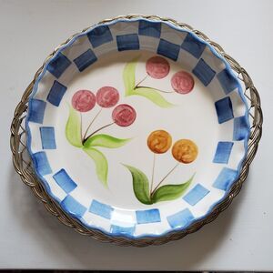 Laurie Gates Los Angeles Pottery Porcelain Pie Plate & Woven Metal Basket